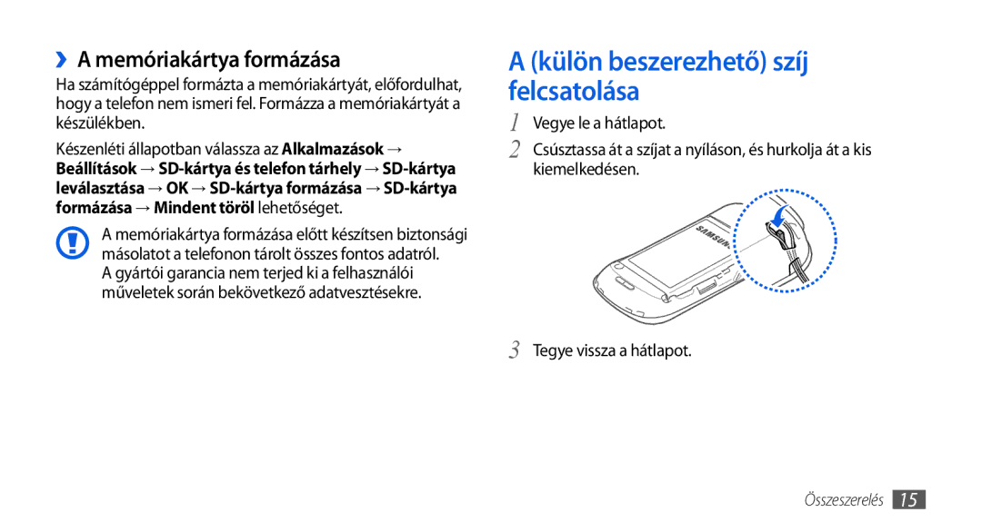 Samsung GT-I5800DKAVDH, GT-I5800CWAOMN, GT-I5800DKAOMN Külön beszerezhető szíj felcsatolása, ››A memóriakártya formázása 