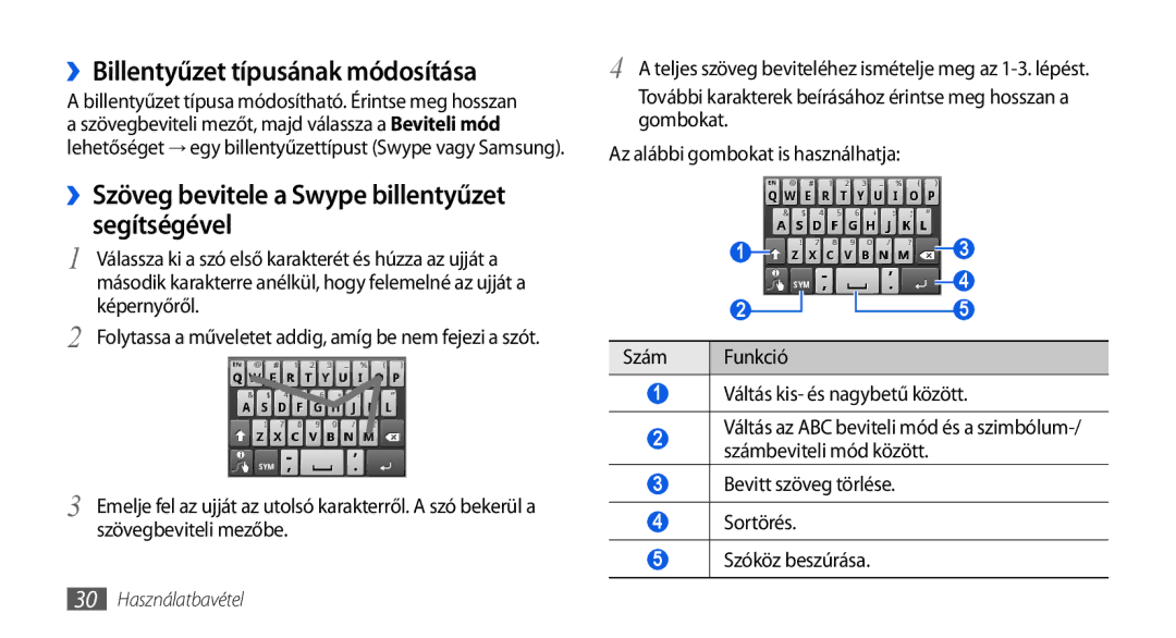 Samsung GT-I5800DKAXEO manual ››Billentyűzet típusának módosítása, ››Szöveg bevitele a Swype billentyűzet segítségével 