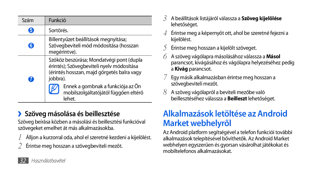 Samsung GT-I5800DKATMH manual Alkalmazások letöltése az Android Market webhelyről, ››Szöveg másolása és beillesztése 