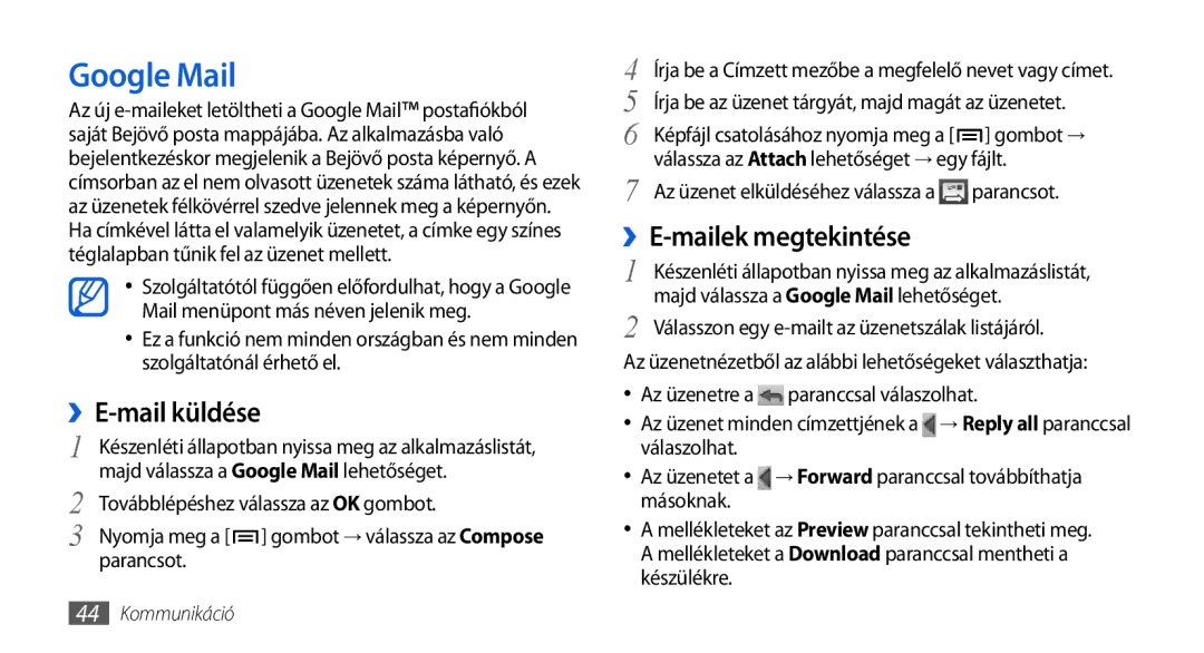 Samsung GT-I5800DKAEUR, GT-I5800CWAOMN, GT-I5800DKAOMN manual Google Mail, ››E-mail küldése, ››E-mailek megtekintése 
