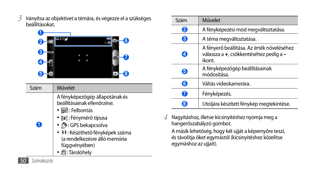 Samsung GT-I5800DKATPH Szám Művelet, Téma megváltoztatása, Fényképezőgép beállításainak, Módosítása, Váltás videokamerára 