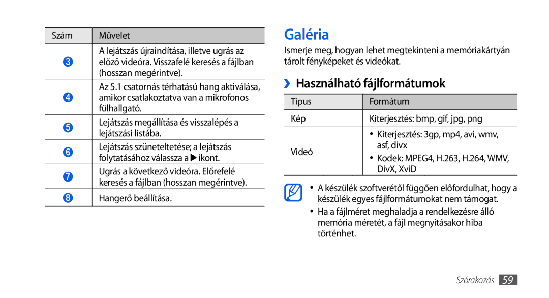 Samsung GT-I5800DKACOA, GT-I5800CWAOMN, GT-I5800DKAOMN, GT-I5800DKAXEZ, GT-I5800DKACOS Galéria, ››Használható fájlformátumok 