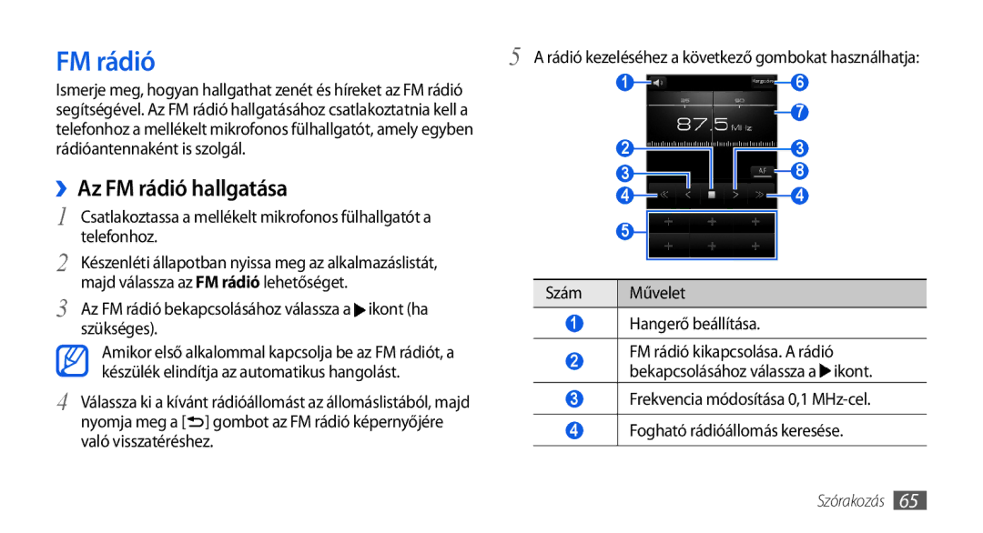 Samsung GT-I5800CWAXEH, GT-I5800CWAOMN, GT-I5800DKAOMN, GT-I5800DKACOA, GT-I5800DKAXEZ manual ››Az FM rádió hallgatása 