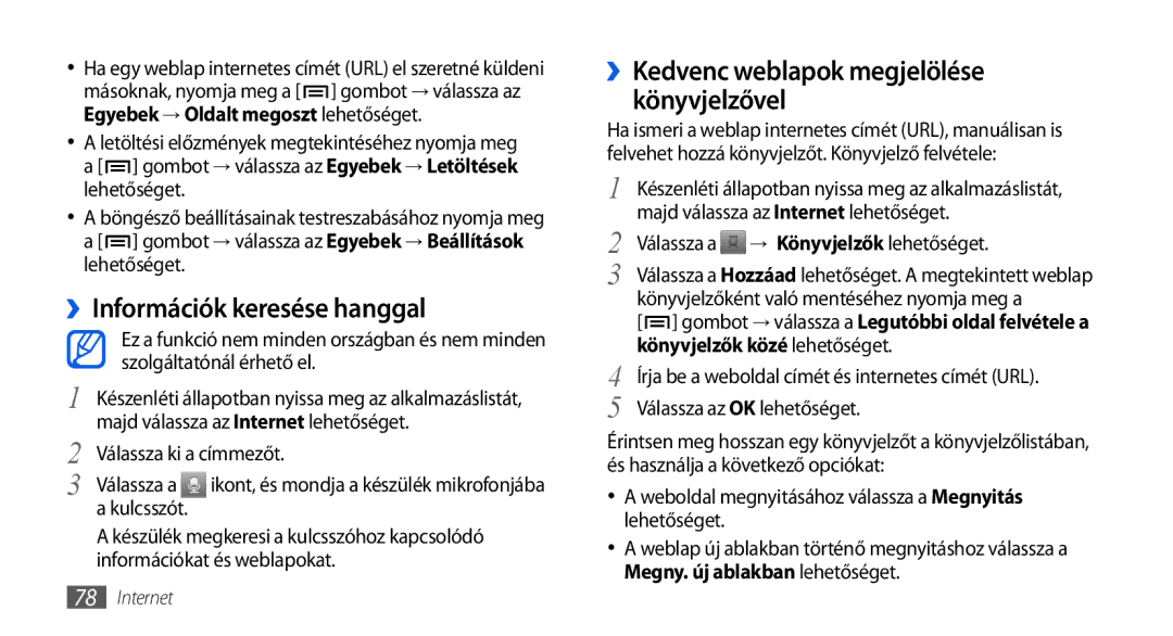 Samsung GT-I5800DKACOA, GT-I5800CWAOMN manual ››Információk keresése hanggal, ››Kedvenc weblapok megjelölése könyvjelzővel 