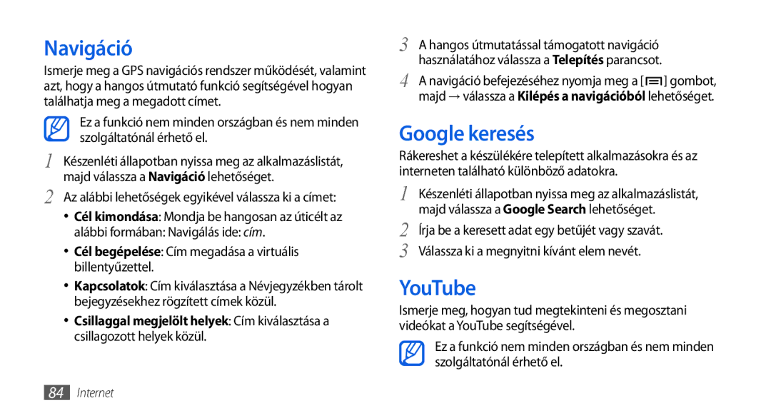 Samsung GT-I5800CWAXEH, GT-I5800CWAOMN manual Navigáció, Google keresés, YouTube, Majd válassza a Google Search lehetőséget 