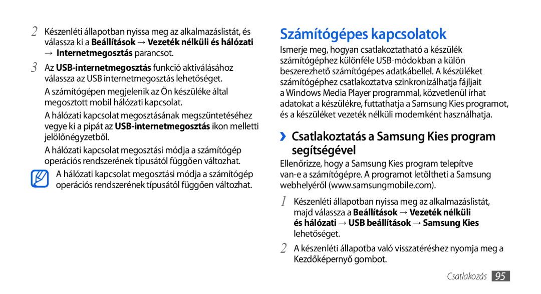 Samsung GT-I5800CWAOMN, GT-I5800DKAOMN manual Számítógépes kapcsolatok, ››Csatlakoztatás a Samsung Kies program segítségével 