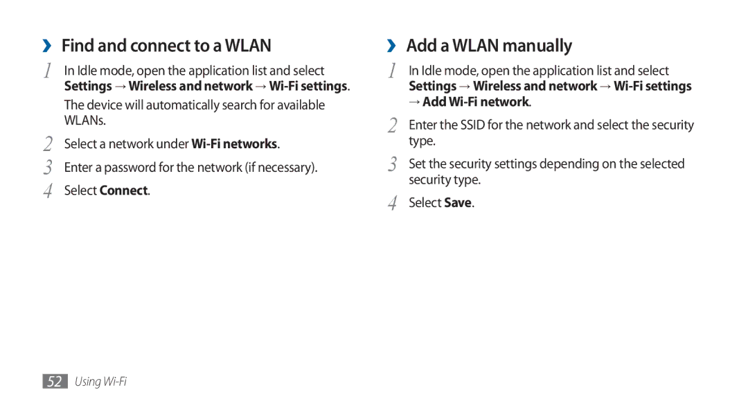 Samsung GT-I5800DKAATO, GT-I5800DKADTM ›› Find and connect to a Wlan, ›› Add a Wlan manually, → Add Wi-Fi network 