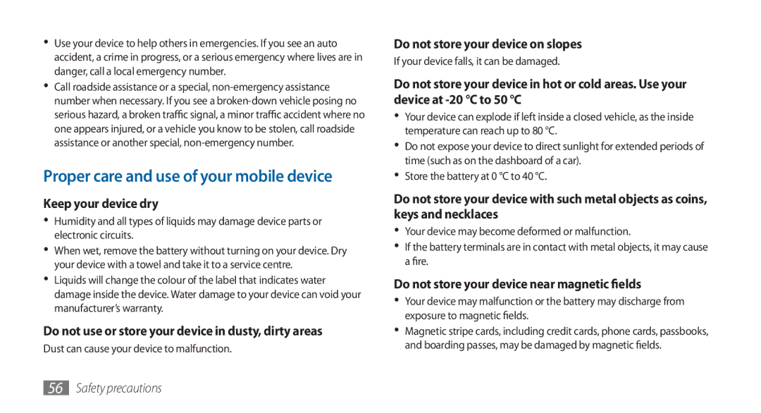 Samsung GT-I5800YRKBOG, GT-I5800DKADTM manual Keep your device dry, Do not use or store your device in dusty, dirty areas 