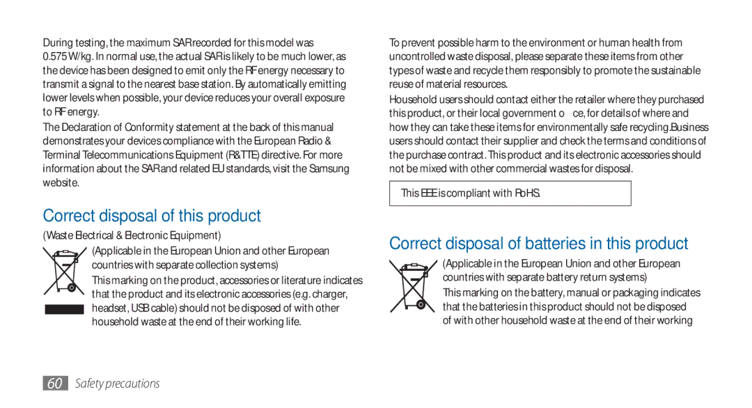 Samsung GT-I5800CWAATL, GT-I5800DKADTM, GT-I5800DKADBT, GT-I5800DKAATO, GT-I5800DKAXEG manual Correct disposal of this product 