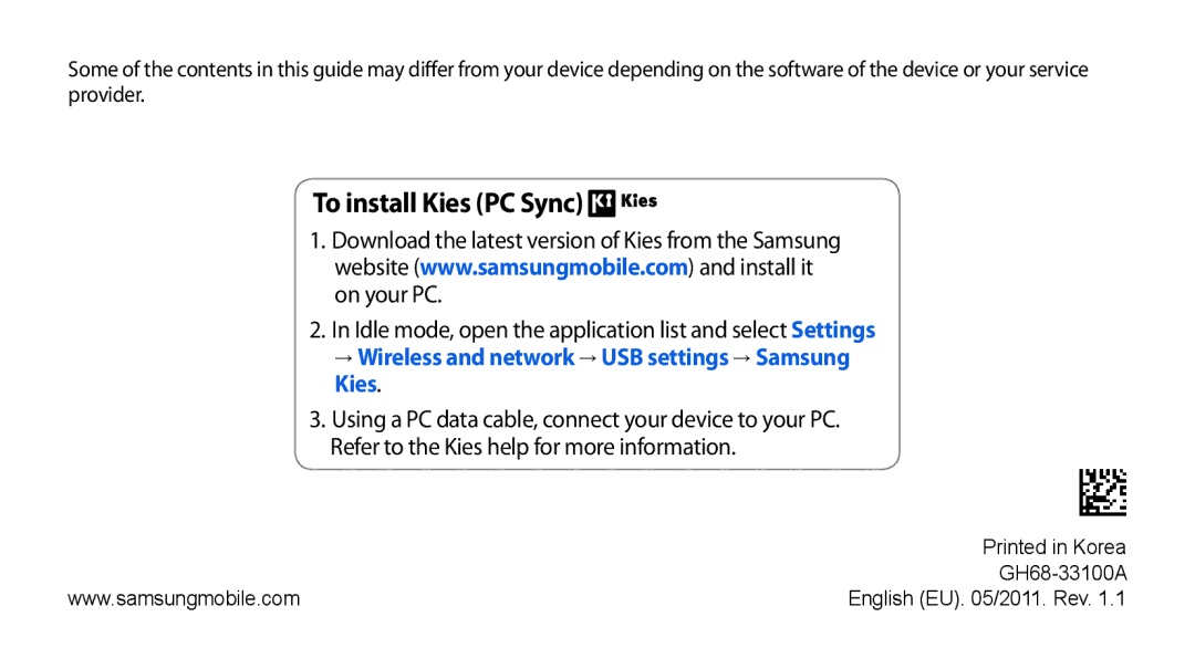 Samsung GT-I5800DKAYOG, GT-I5800DKADTM manual To install Kies PC Sync, → Wireless and network → USB settings → Samsung Kies 