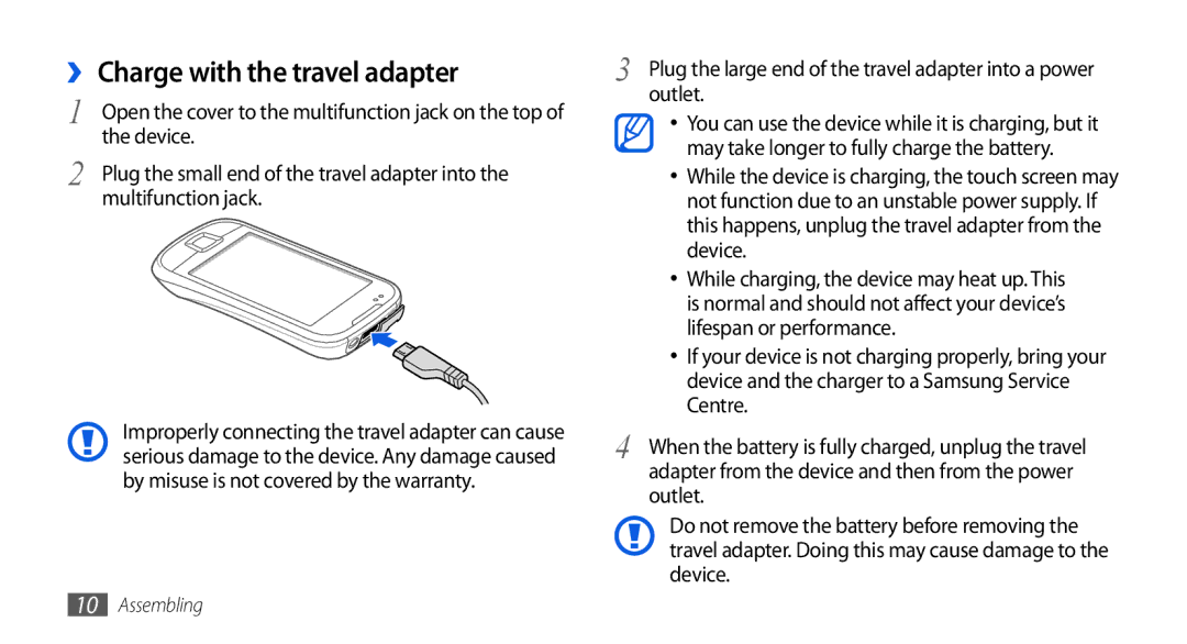 Samsung GT-I5800CWAATL, GT-I5800DKADTM manual ›› Charge with the travel adapter, Device, Multifunction jack, Outlet 