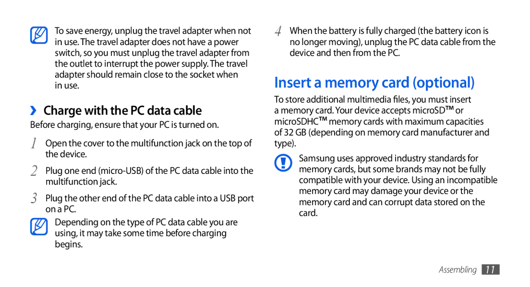 Samsung GT-I5800CWAPRO, GT-I5800DKADTM manual Insert a memory card optional, ›› Charge with the PC data cable, On a PC 