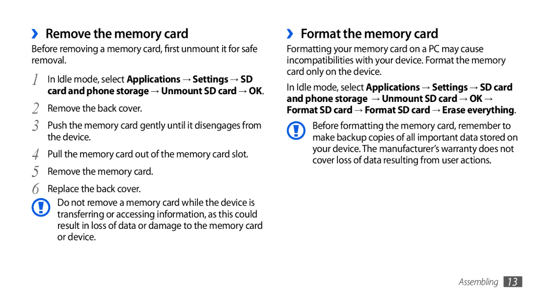 Samsung GT-I5800DKAYOG, GT-I5800DKADTM, GT-I5800DKADBT, GT-I5800DKAATO ›› Remove the memory card, ›› Format the memory card 