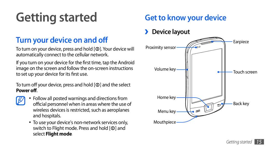 Samsung GT-I5800DKASEB manual Getting started, Turn your device on and off, Get to know your device, ›› Device layout 