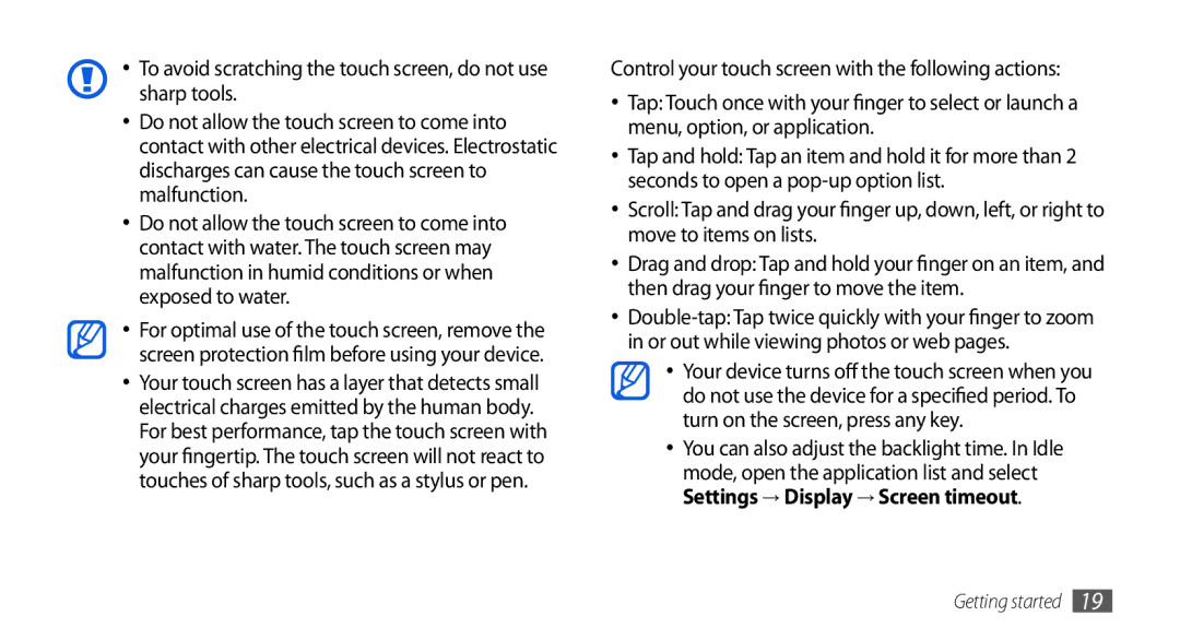 Samsung GT-I5800DKACOS, GT-I5800DKADTM, GT-I5800DKADBT, GT-I5800DKAATO, GT-I5800DKAXEG, GT-I5800DKAVGF manual Getting started 