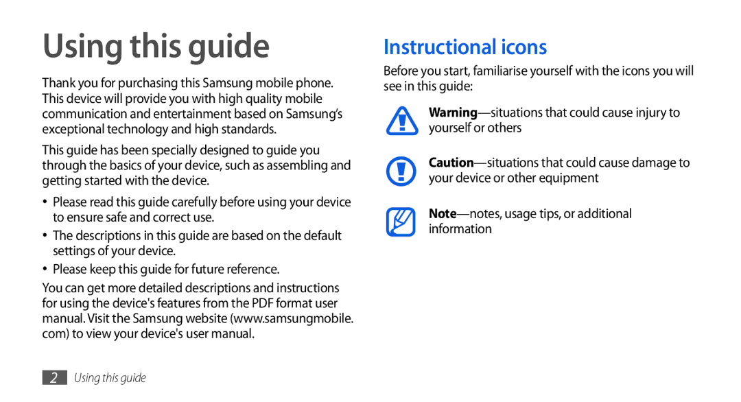 Samsung GT-I5800DKAATO, GT-I5800DKADTM, GT-I5800DKADBT, GT-I5800DKAXEG, GT-I5800DKAVGF Using this guide, Instructional icons 