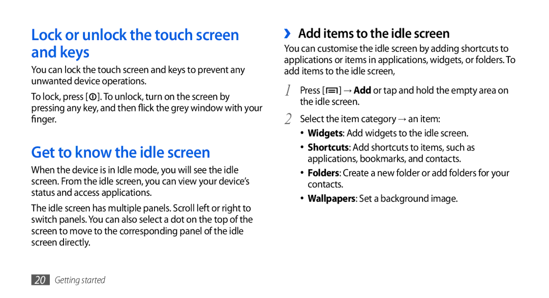 Samsung GT-I5800DKAVGR, GT-I5800DKADTM manual Lock or unlock the touch screen and keys, Get to know the idle screen 