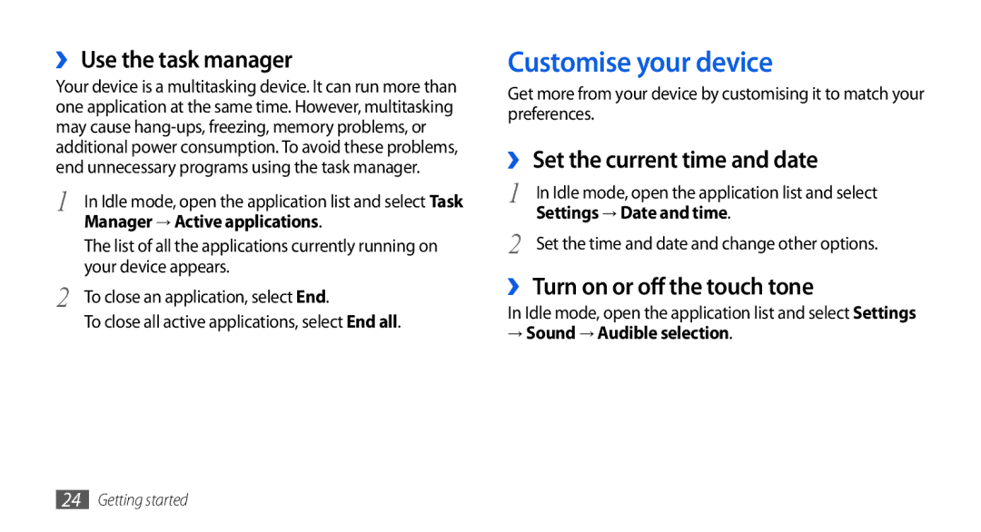 Samsung GT-I5800CWASER, GT-I5800DKADTM Customise your device, ›› Use the task manager, ›› Set the current time and date 