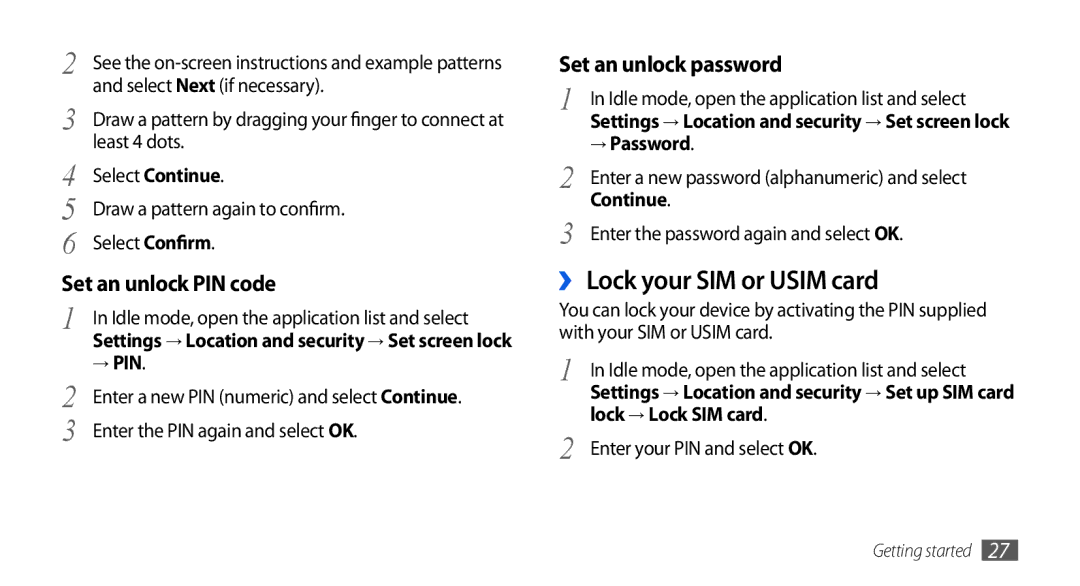 Samsung GT-I5800DKAATO, GT-I5800DKADTM, GT-I5800DKADBT, GT-I5800DKAXEG, GT-I5800DKAVGF manual ›› Lock your SIM or Usim card 