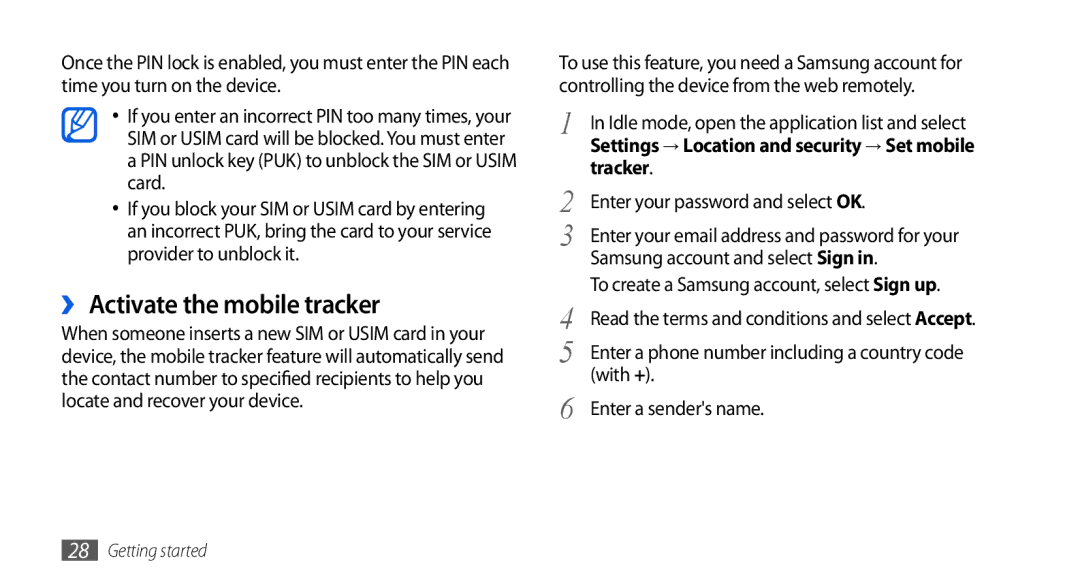 Samsung GT-I5800DKAXEG, GT-I5800DKADTM, GT-I5800DKADBT, GT-I5800DKAATO manual ›› Activate the mobile tracker, Tracker 