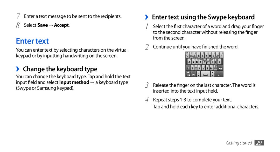 Samsung GT-I5800DKAVGF manual ›› Change the keyboard type, ›› Enter text using the Swype keyboard, Select Save → Accept 