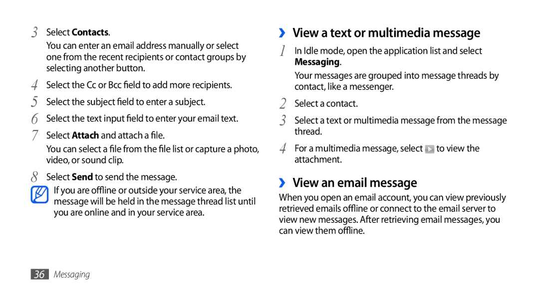 Samsung GT-I5800CWAPRO, GT-I5800DKADTM manual ›› View a text or multimedia message, ›› View an email message, Messaging 
