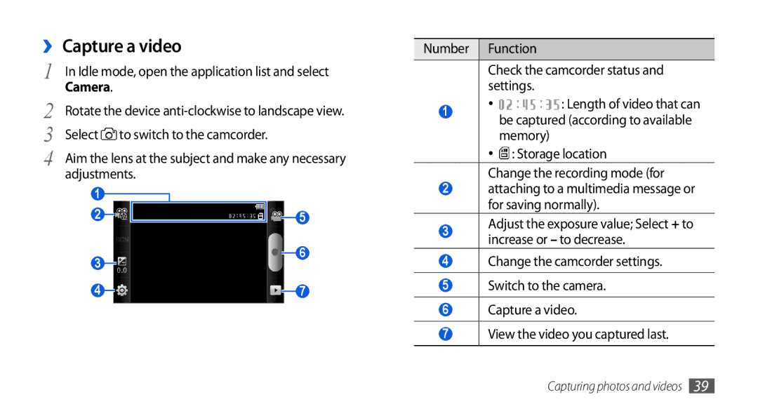 Samsung GT-I5800DKACOA ›› Capture a video, Select, Adjustments, Number Function Check the camcorder status and settings 