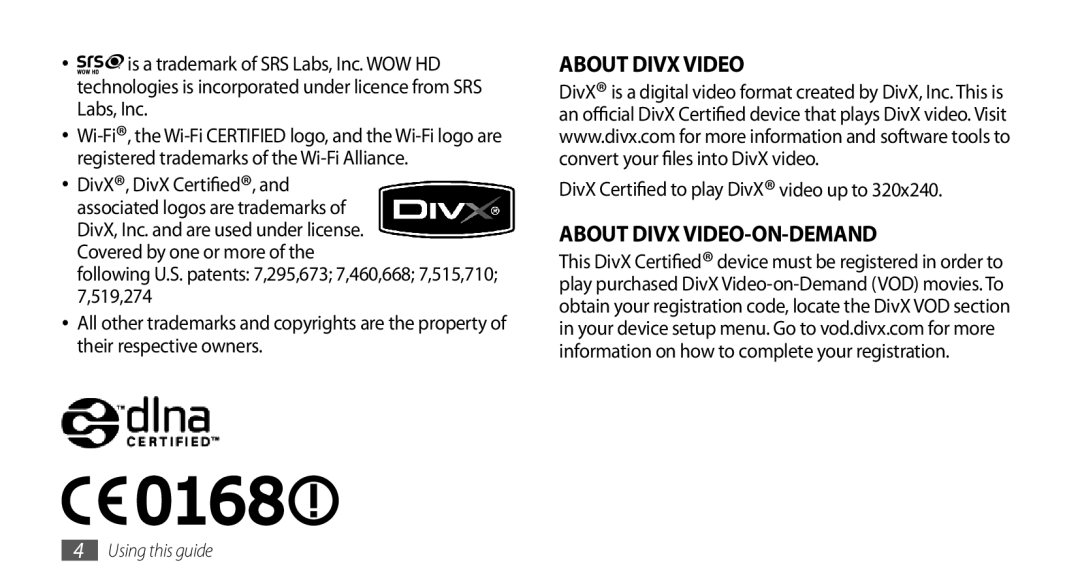 Samsung GT-I5800DKAVGF, GT-I5800DKADTM, GT-I5800DKADBT, GT-I5800DKAATO manual DivX Certified to play DivX video up to 