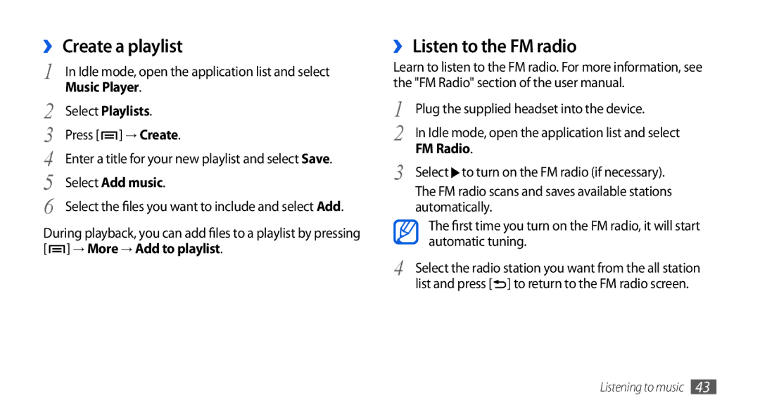 Samsung GT-I5800CWASEB manual ›› Create a playlist, ›› Listen to the FM radio, Select Playlists, Select Add music, FM Radio 