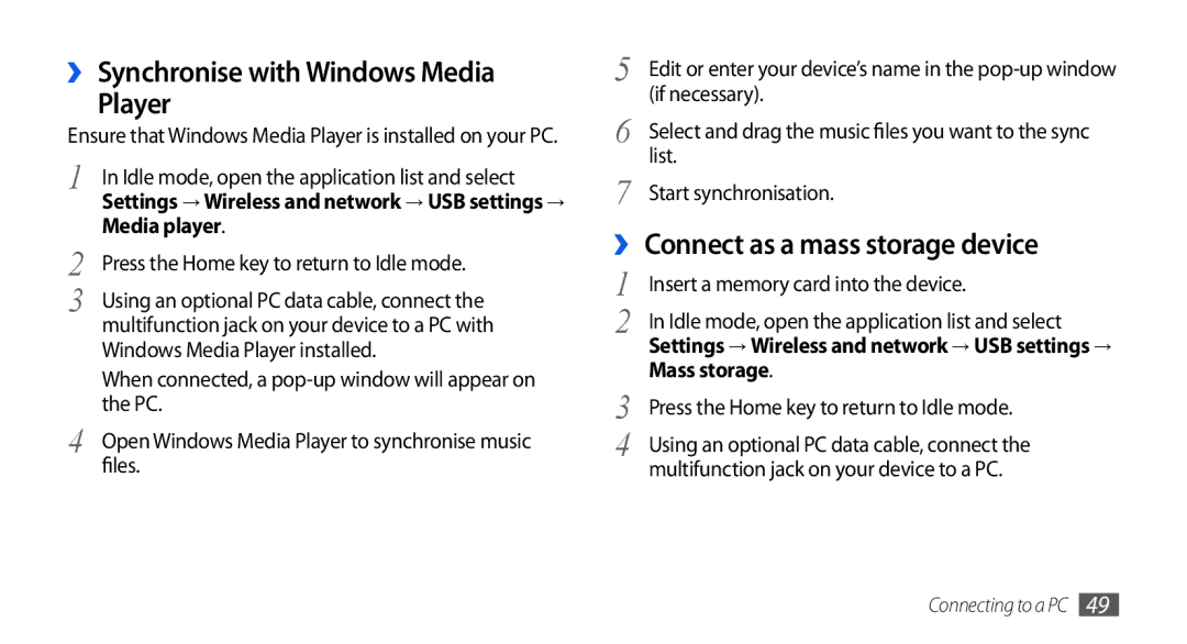 Samsung GT-I5800CWASER manual ›› Synchronise with Windows Media Player, ›› Connect as a mass storage device, Media player 