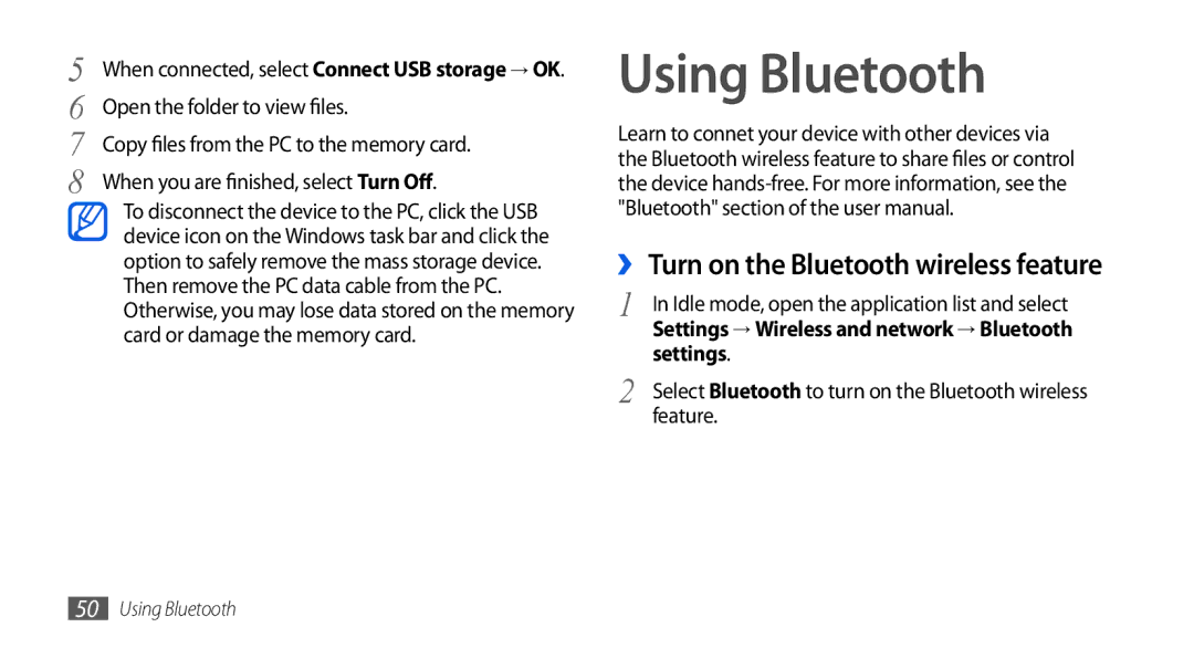 Samsung GT-I5800DKADTM, GT-I5800DKADBT, GT-I5800DKAATO, GT-I5800DKAXEG, GT-I5800DKAVGF Using Bluetooth, Settings, Feature 