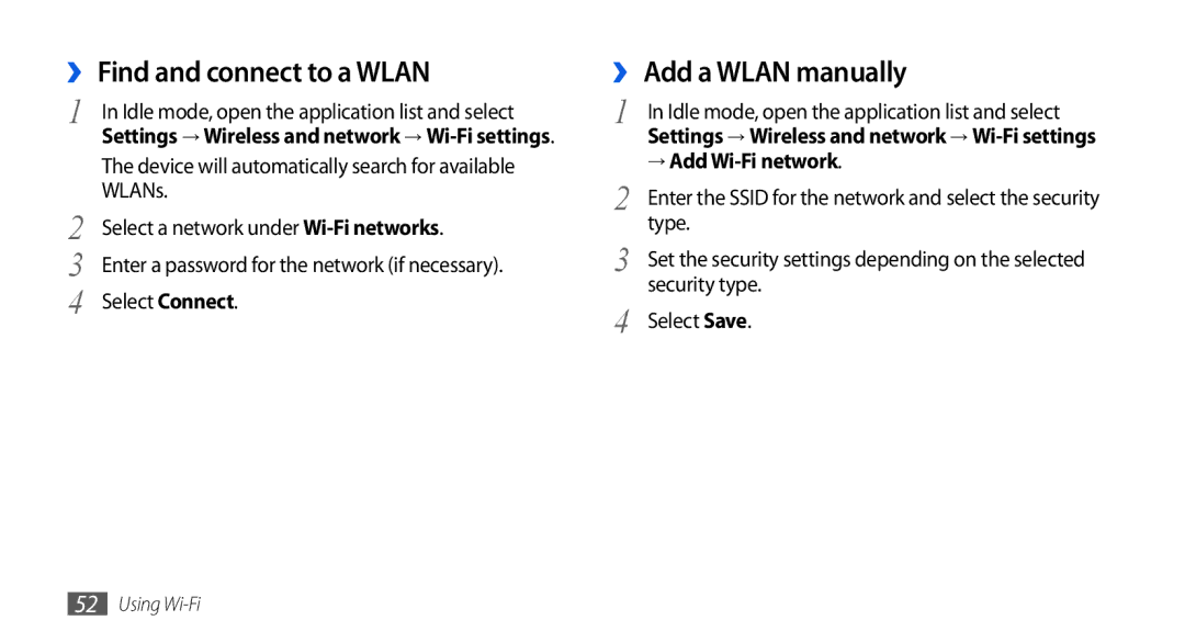 Samsung GT-I5800DKAATO, GT-I5800DKADTM ›› Find and connect to a Wlan, ›› Add a Wlan manually, → Add Wi-Fi network 