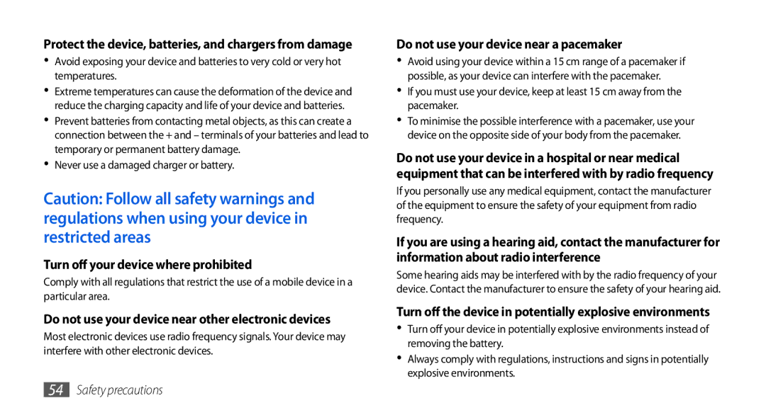 Samsung GT-I5800DKAVGF manual Turn off your device where prohibited, Do not use your device near other electronic devices 