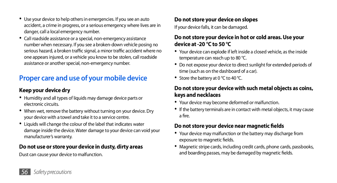 Samsung GT-I5800YRKBOG, GT-I5800DKADTM manual Keep your device dry, Do not use or store your device in dusty, dirty areas 