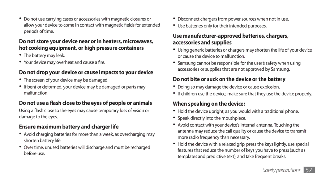 Samsung GT-I5800DKAXEF manual Ensure maximum battery and charger life, Do not bite or suck on the device or the battery 