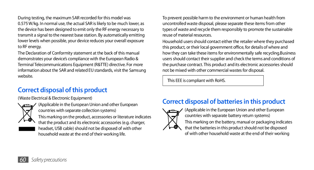 Samsung GT-I5800CWAATL, GT-I5800DKADTM, GT-I5800DKADBT, GT-I5800DKAATO, GT-I5800DKAXEG manual Correct disposal of this product 