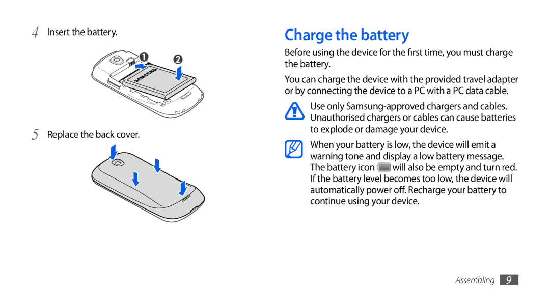 Samsung GT-I5800DKAFOP, GT-I5800DKADTM, GT-I5800DKADBT manual Charge the battery, Insert the battery Replace the back cover 