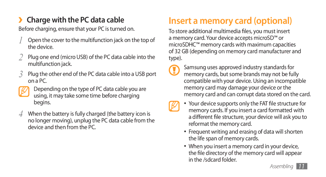 Samsung GT-I5800CWAPRO, GT-I5800DKADTM, GT-I5800DKADBT manual Insert a memory card optional, ›› Charge with the PC data cable 