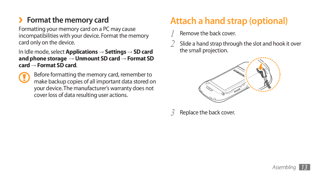 Samsung GT-I5800DKAYOG, GT-I5800DKADTM manual Attach a hand strap optional, ›› Format the memory card, Small projection 