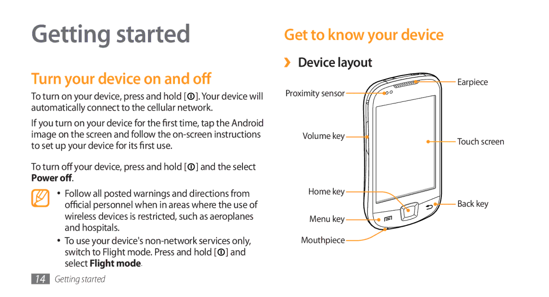 Samsung GT-I5800DKACOA manual Getting started, Turn your device on and off, Get to know your device, ›› Device layout 