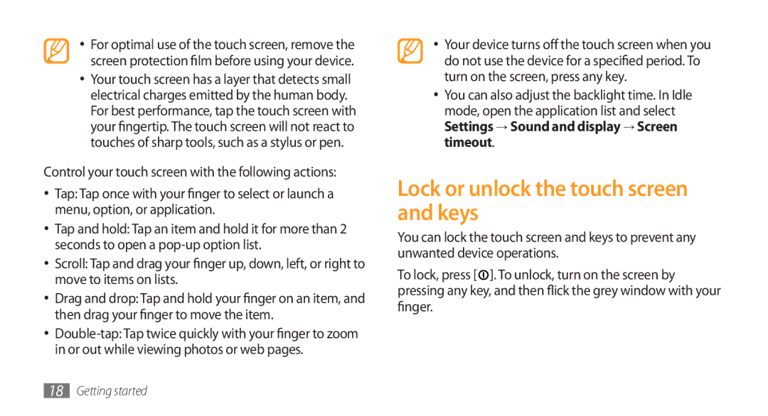 Samsung GT-I5800CWASEB, GT-I5800DKADTM, GT-I5800DKADBT, GT-I5800DKAATO manual Lock or unlock the touch screen and keys 