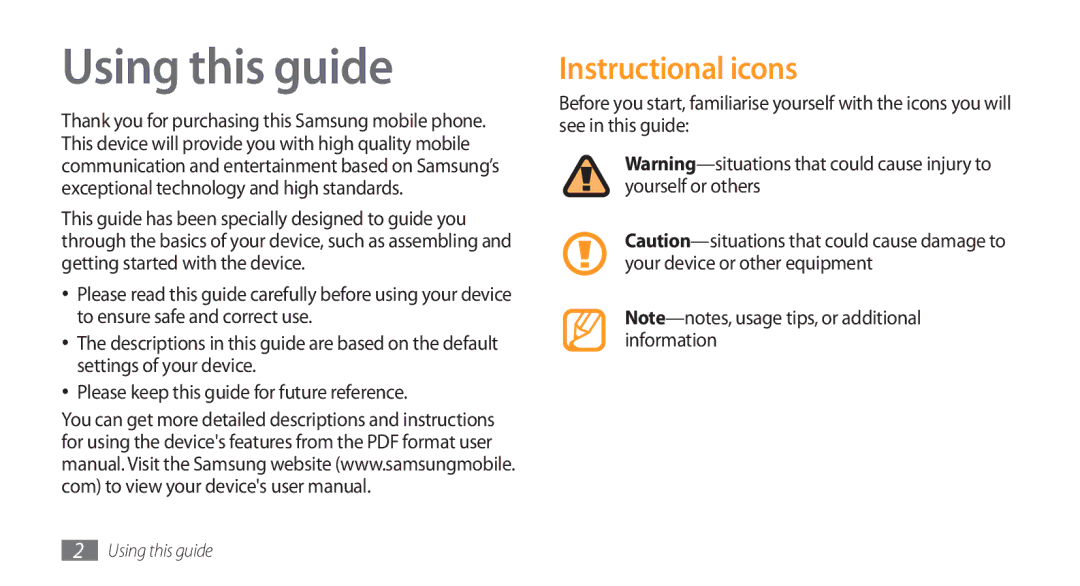 Samsung GT-I5800DKAATO, GT-I5800DKADTM, GT-I5800DKADBT, GT-I5800DKAXEG, GT-I5800DKAVGF Using this guide, Instructional icons 