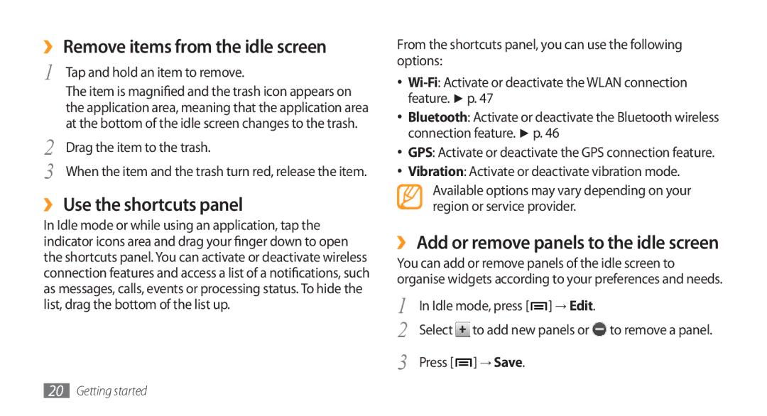 Samsung GT-I5800DKAVGR, GT-I5800DKADTM manual ›› Remove items from the idle screen, ›› Use the shortcuts panel, → Save 