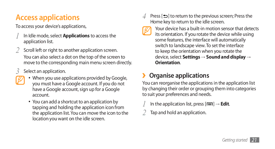 Samsung GT-I5800DKAEUR, GT-I5800DKADTM, GT-I5800DKADBT, GT-I5800DKAATO manual Access applications, ›› Organise applications 