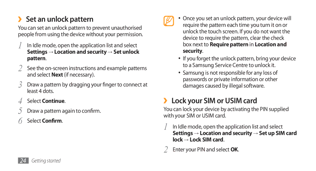 Samsung GT-I5800CWASER manual ›› Set an unlock pattern, ›› Lock your SIM or Usim card, Pattern, Lock → Lock SIM card 