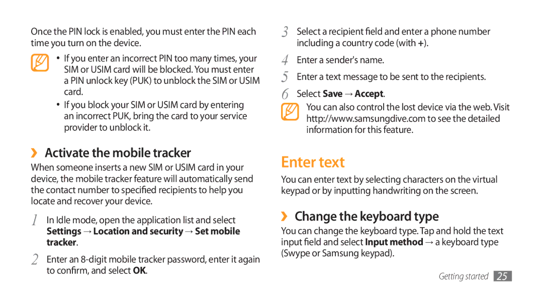 Samsung GT-I5800DKADTM, GT-I5800DKADBT manual Enter text, ›› Activate the mobile tracker, ›› Change the keyboard type 