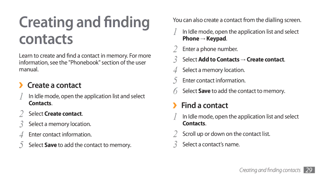 Samsung GT-I5800DKAVGF, GT-I5800DKADTM Creating and finding contacts, ›› Create a contact, ›› Find a contact, Contacts 