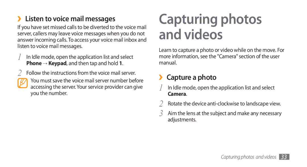 Samsung GT-I5800DKABOG, GT-I5800DKADTM manual ›› Listen to voice mail messages, ›› Capture a photo, Camera, Adjustments 