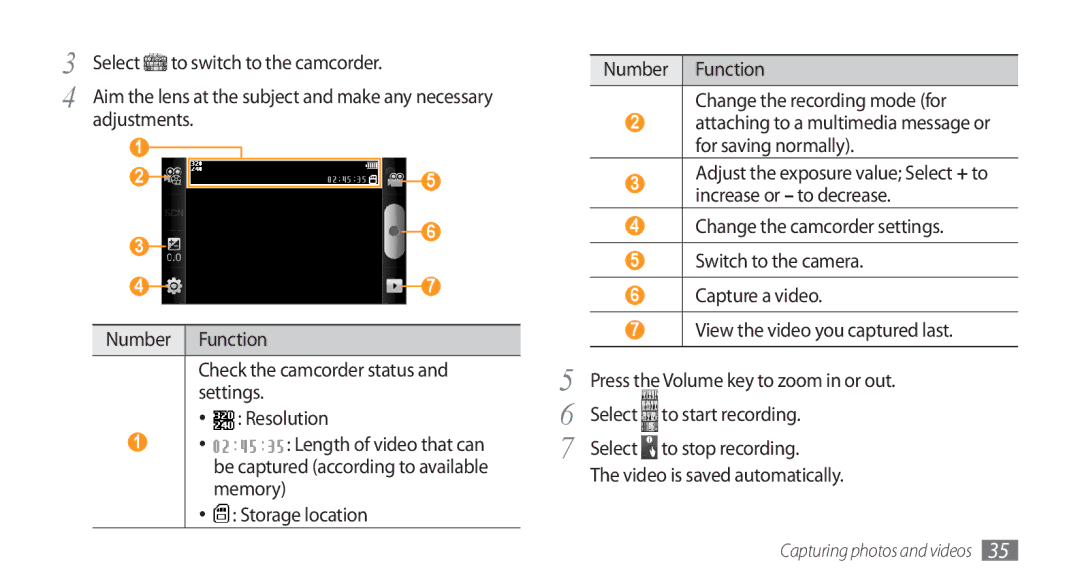 Samsung GT-I5800CWAATL, GT-I5800DKADTM, GT-I5800DKADBT manual Settings, Select to stop recording Video is saved automatically 