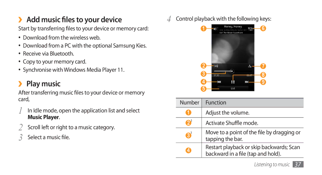 Samsung GT-I5800DKAATL, GT-I5800DKADTM, GT-I5800DKADBT manual ››Add music files to your device, ››Play music, Music Player 